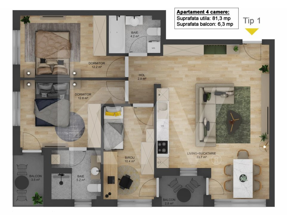 Apartament 4 camere - Tip II - 91,14 mp - Doamna Stanca - COMISION O CUMPĂRĂTOR