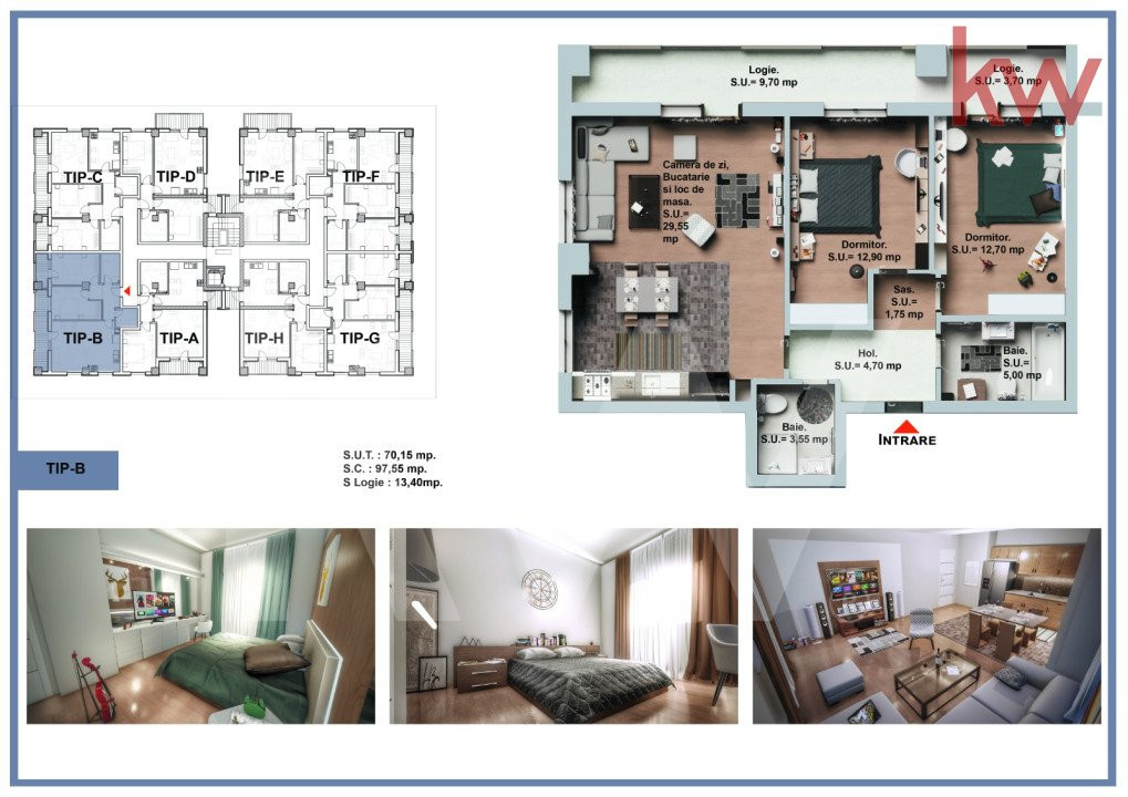 Apartament 3 camere - 2 bai - Logie 13.4 mp -Etaj Parter