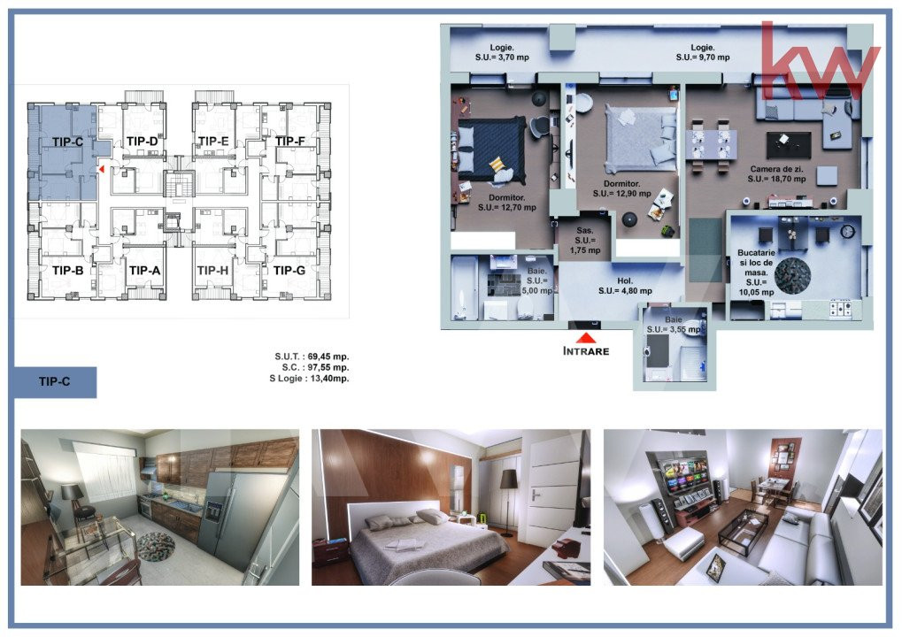 Apartament 3 camere - 2 bai - Logie 13.4 mp - Etaj Parter