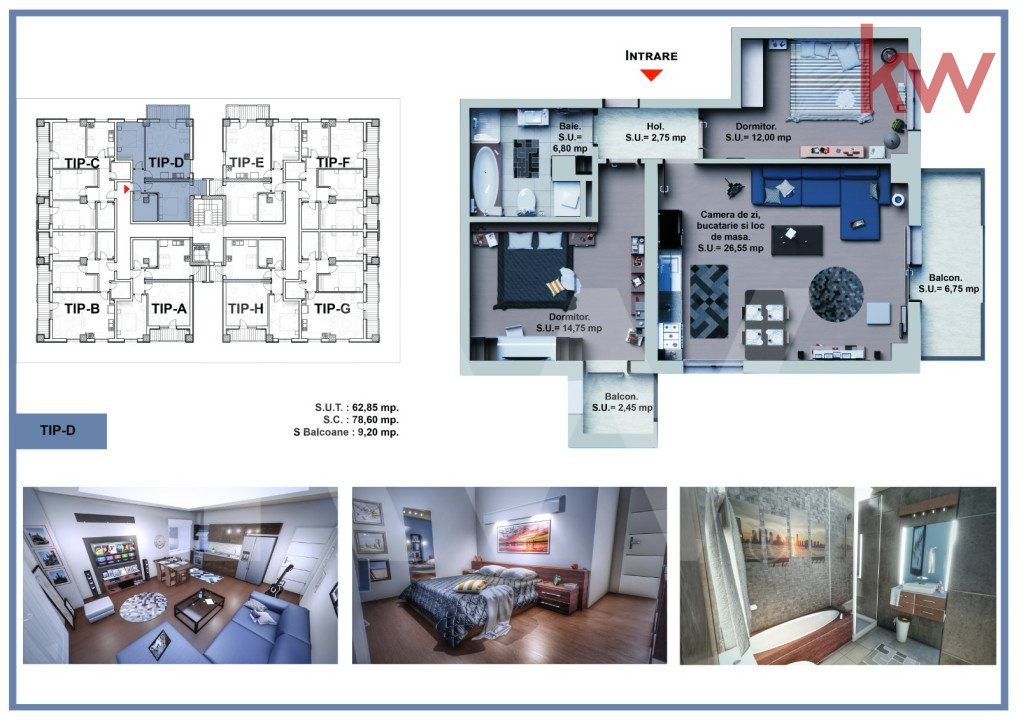 Apartament 3 camere - 2 balcoane 9,2 mp - Etaj 3